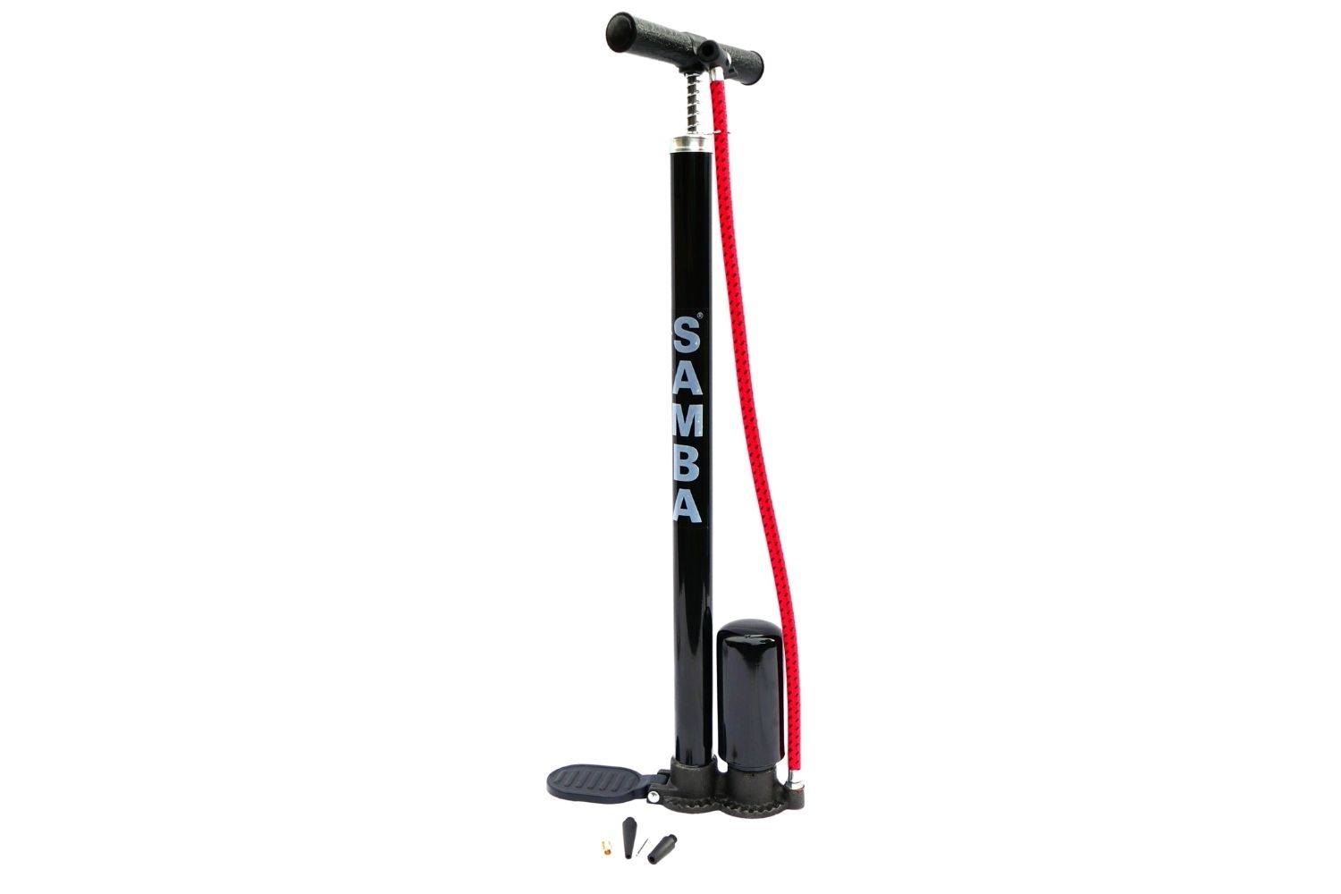 A black bicycle pump with the word samba on it