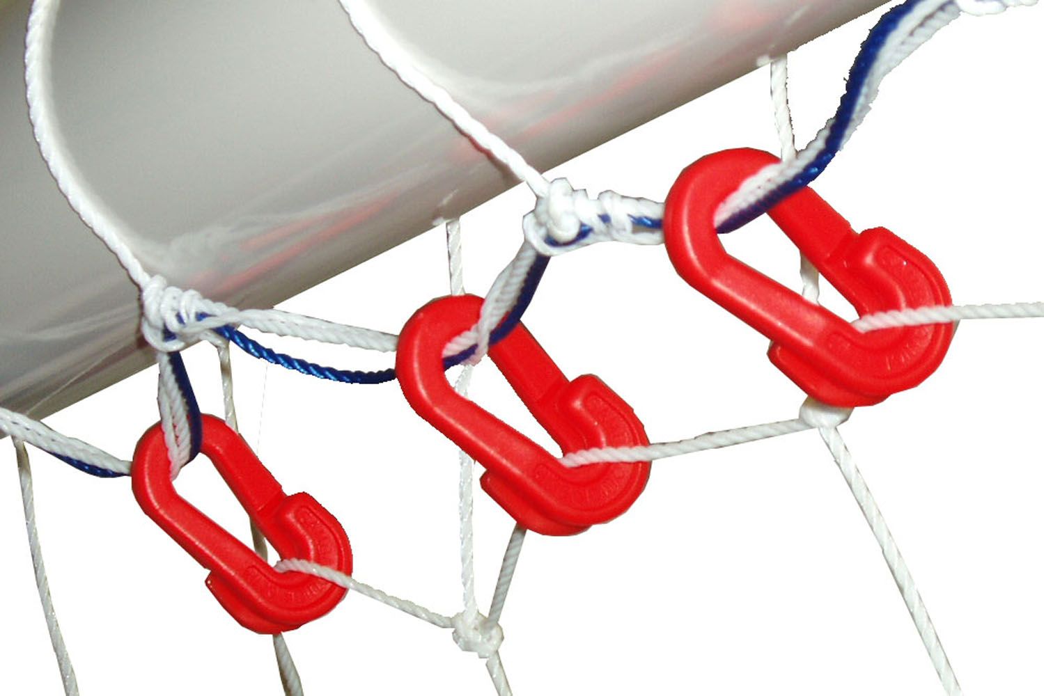 A soccer net with red plastic hooks attached to it