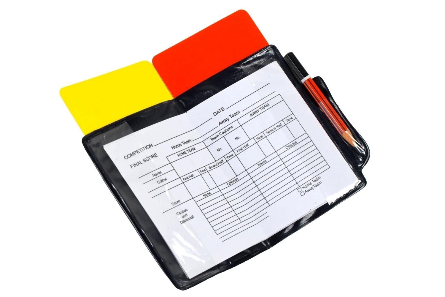 Two red and yellow cards in a wallet with a pen