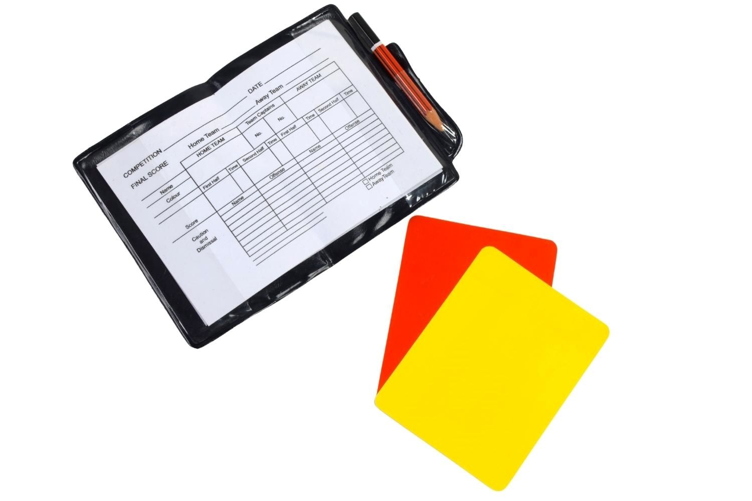 Two red and yellow cards in a wallet with a pen