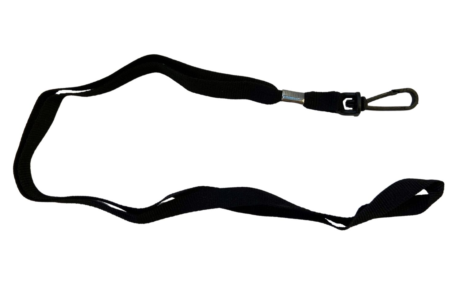 A close up of a black lanyard with a metal hook on a white background