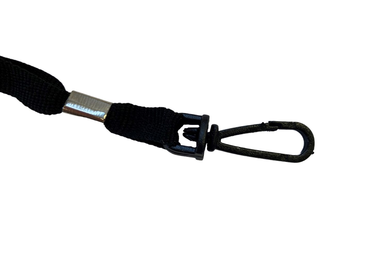 A close up of a black lanyard with a metal hook on a white background