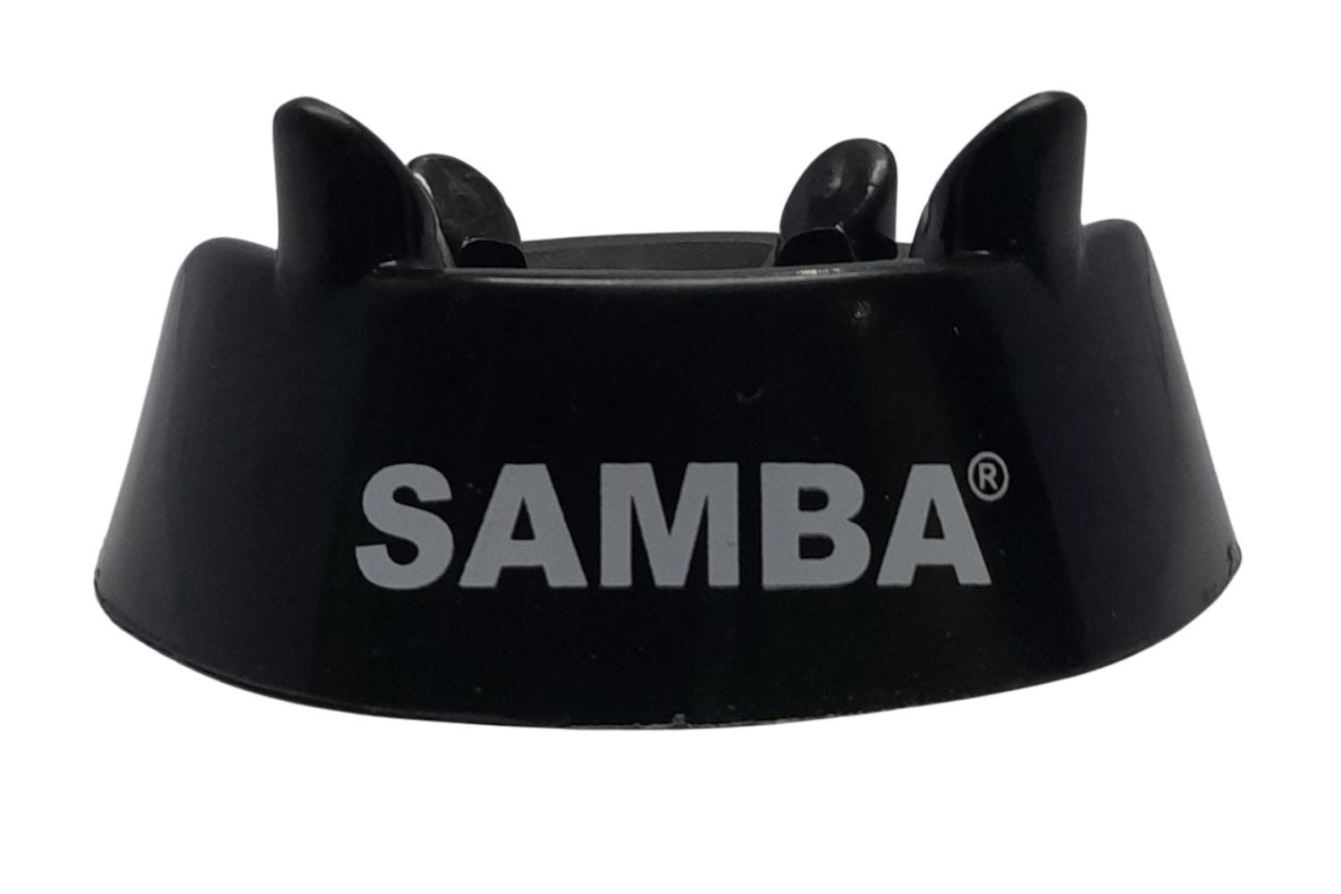 A black ashtray with the word samba on it