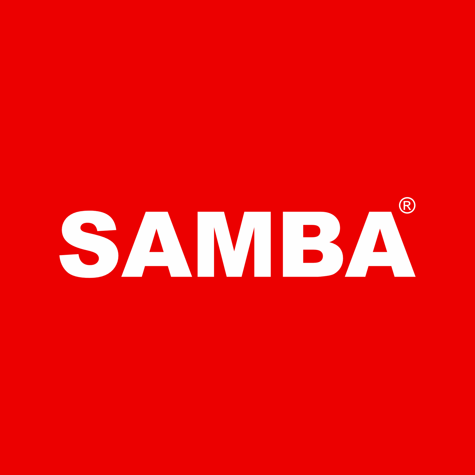 A red background with the word samba in white letters