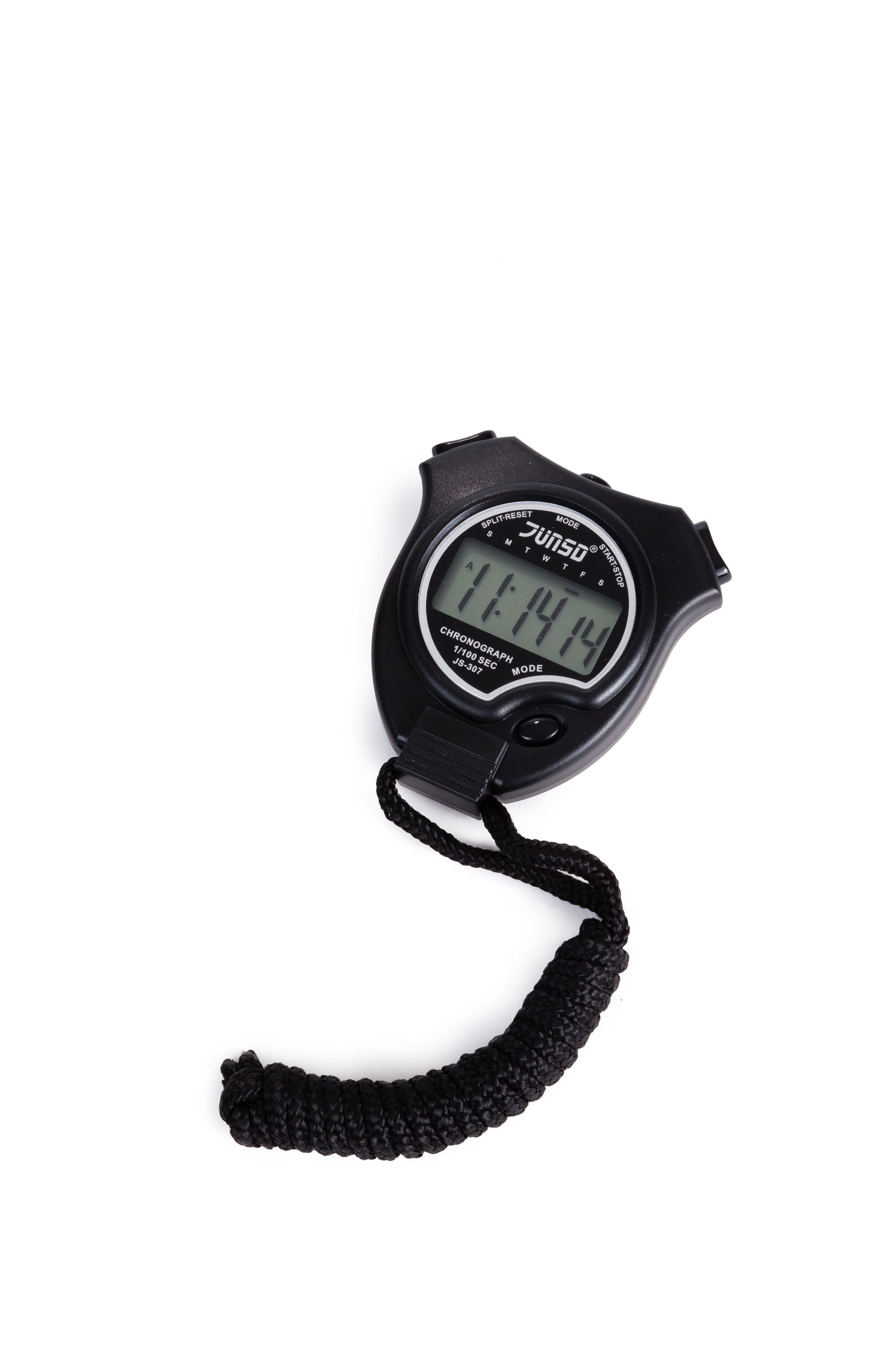 A black digital stopwatch with a cord on a white background.