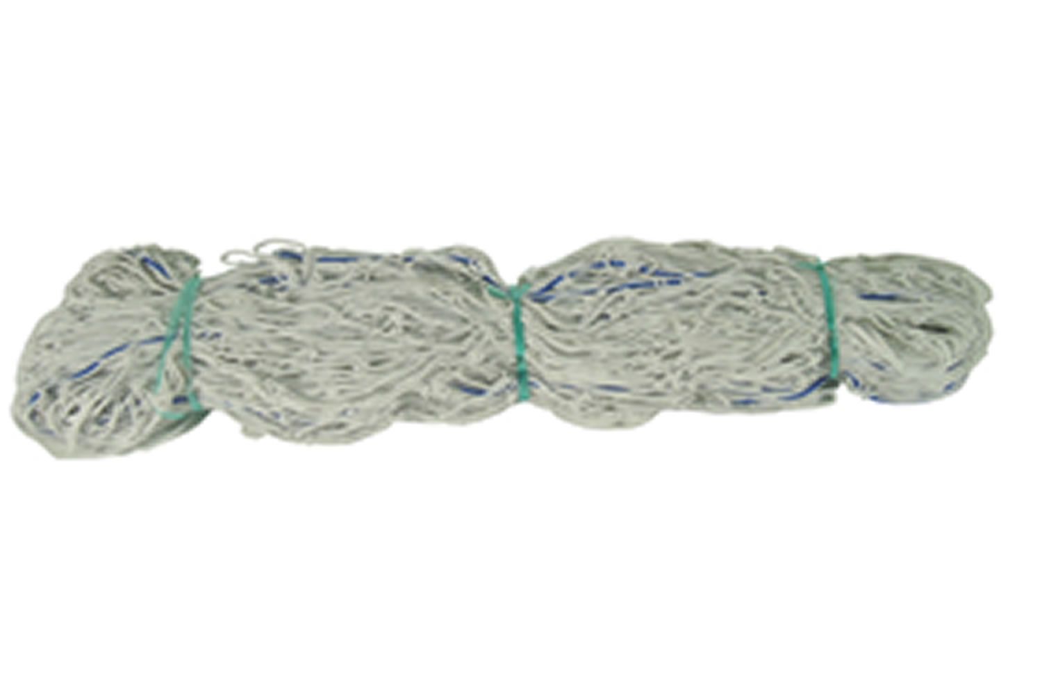 A soccer net is tied together with rubber bands