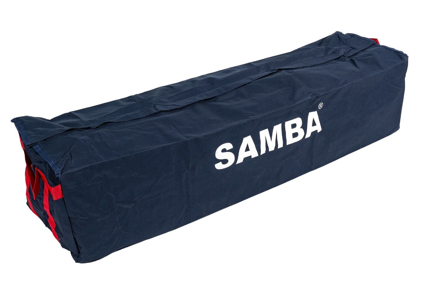 A blue bag with the word samba on it