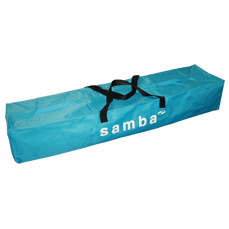 A blue bag that says samba on it