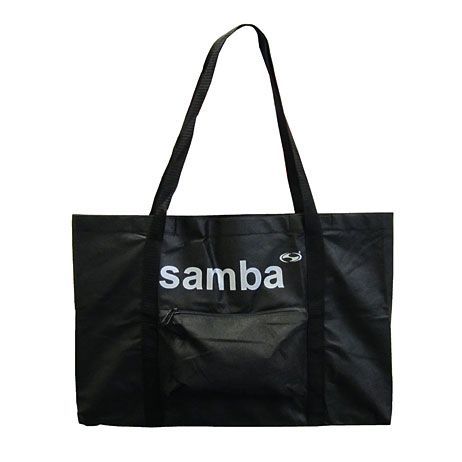 A black tote bag with the word samba on it