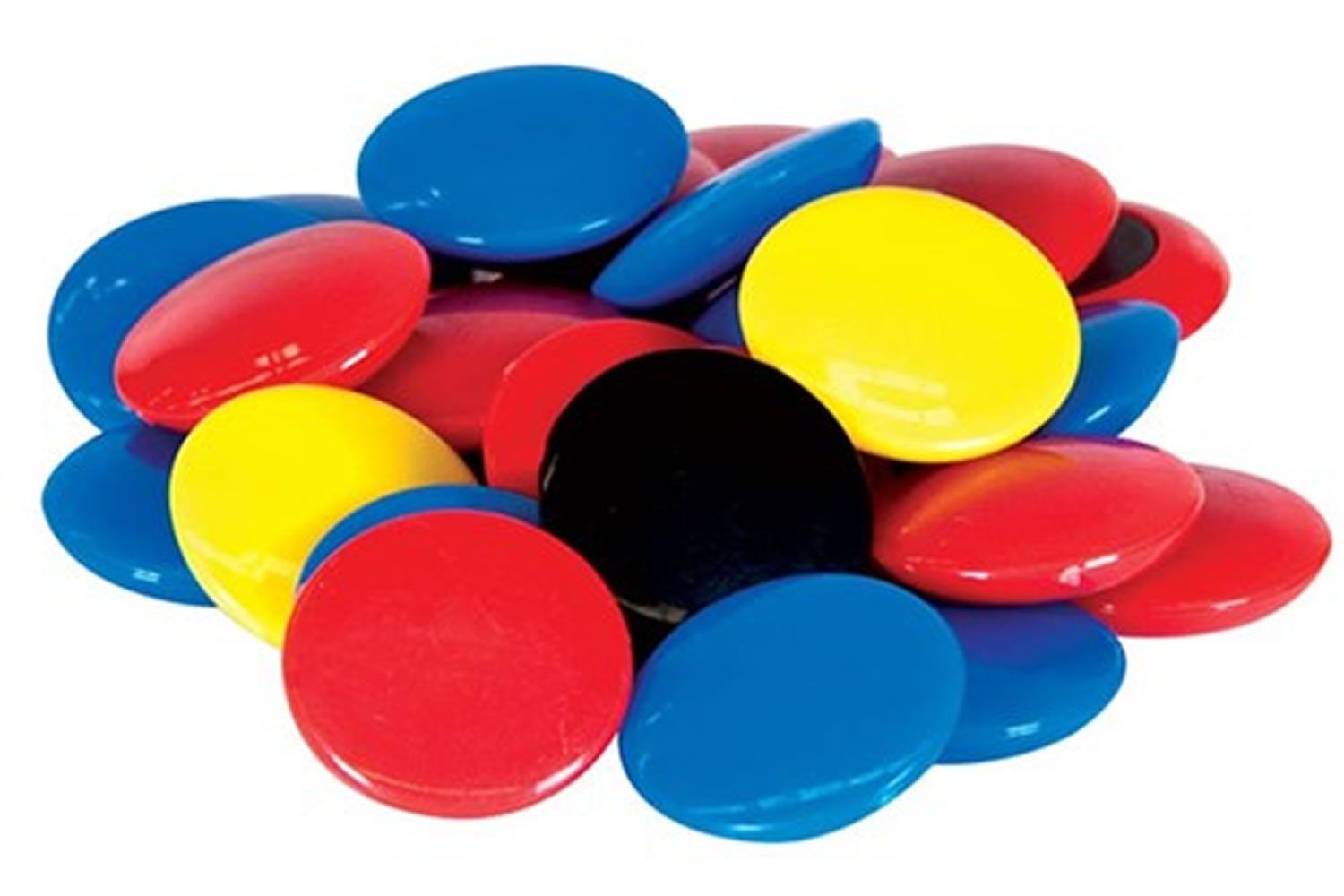 A pile of colorful plastic buttons on a white background