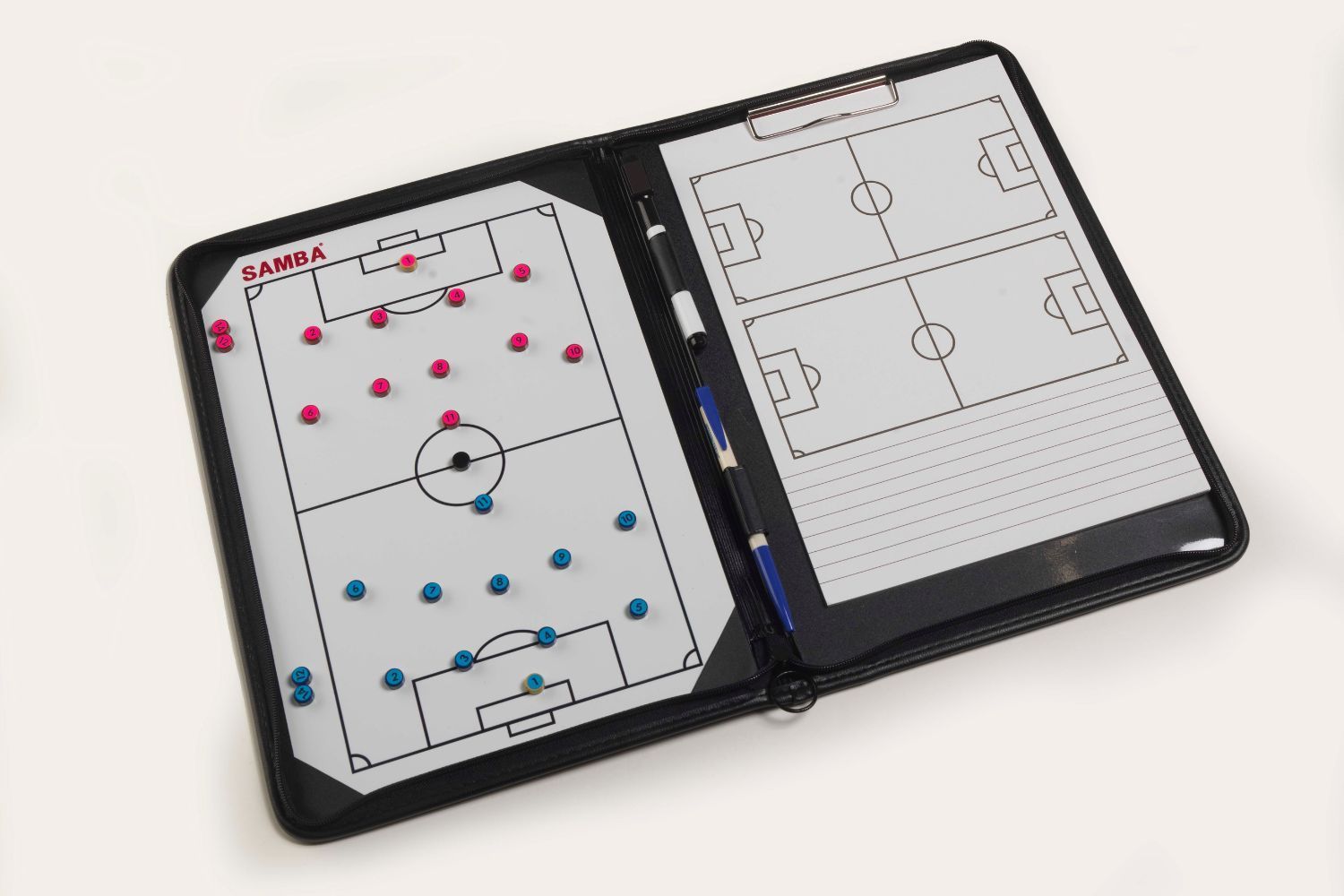 A clipboard with a soccer field drawn on it