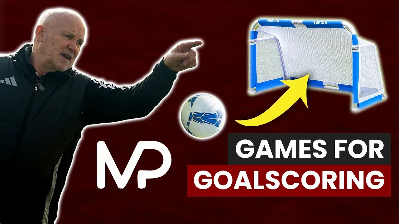 A man pointing at a soccer ball with the words games for goal scoring below him