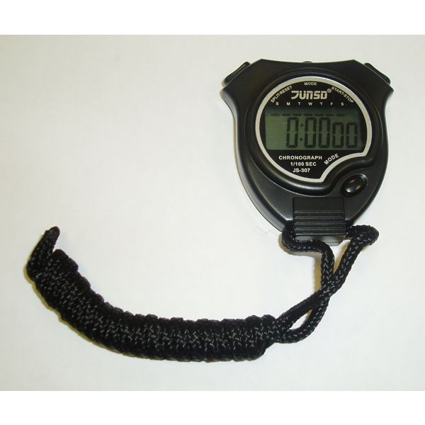 A black digital stopwatch with a cord on a white background.