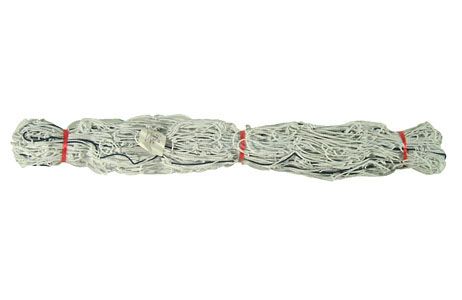 A bundle of white rope with red ties on a white background.