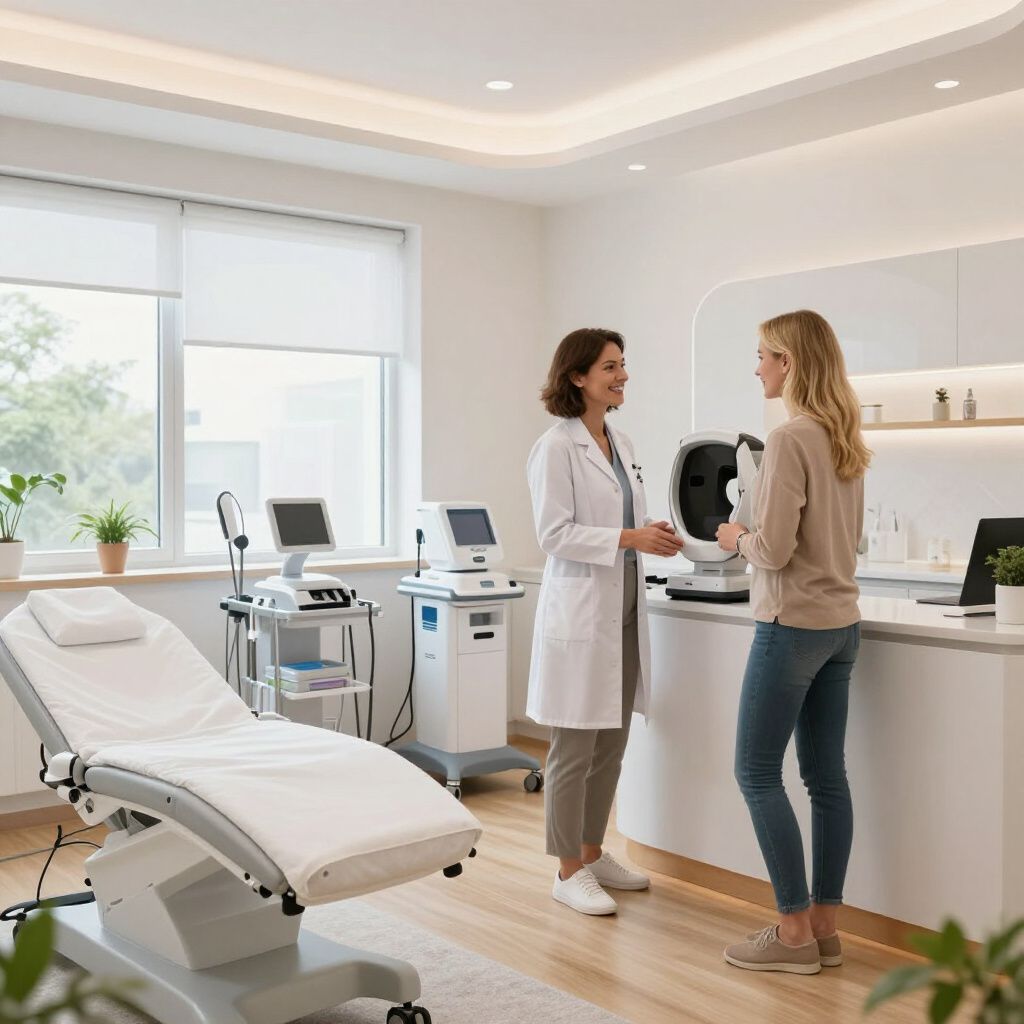 Médico con bata blanca hablando con un paciente en un consultorio médico, con equipo y mesa de examen.