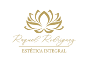 Logotipo para Raquel Rodr&iacute;guez Est&eacute;tica Integral: flor de loto dorada sobre el nombre y el lema sobre fondo blanco.