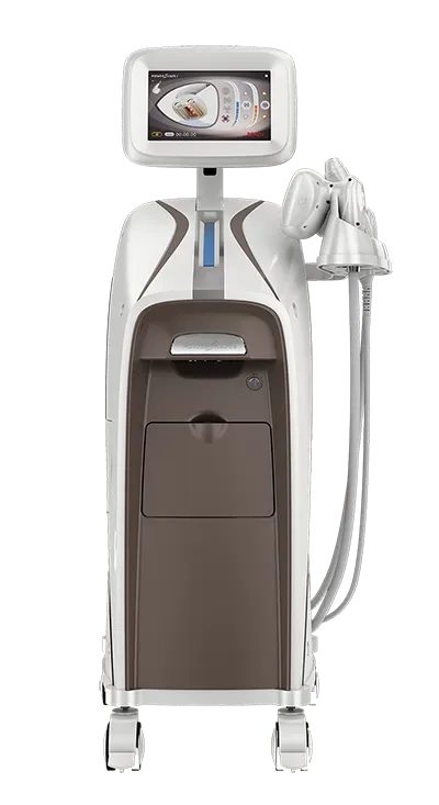 Un dispositivo médico de color blanco y marrón con pantalla y múltiples aplicadores, sobre ruedas.