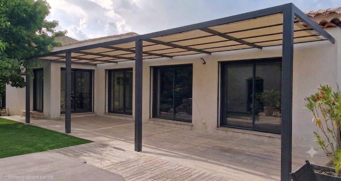 Patio de maison moderne avec une pergola couverte, des portes vitrées et un coin salon extérieur carrelé.