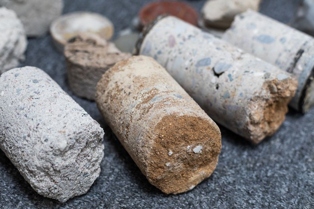 Proben von steinigen Baustoffproben liegen auf Stoff