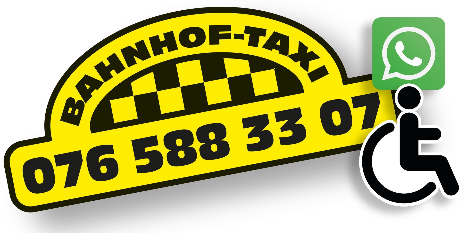 Gelbes Taxischild mit Telefonnummer, WhatsApp-Symbol und Rollstuhlsymbol; darunter „Rollstuhl-Taxifahrten“ und „Marc Binder“.
