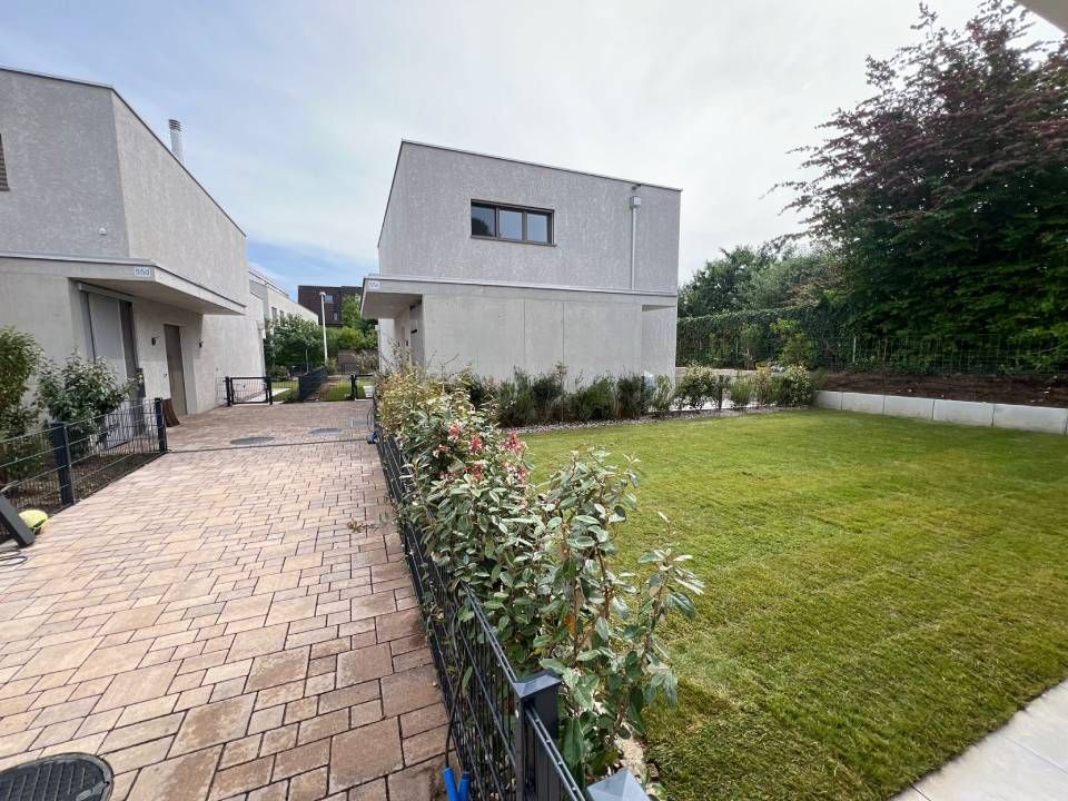 Moderne Häuser mit einem gepflasterten Gehweg, grünem Rasen und Sträuchern in einem angelegten Innenhof