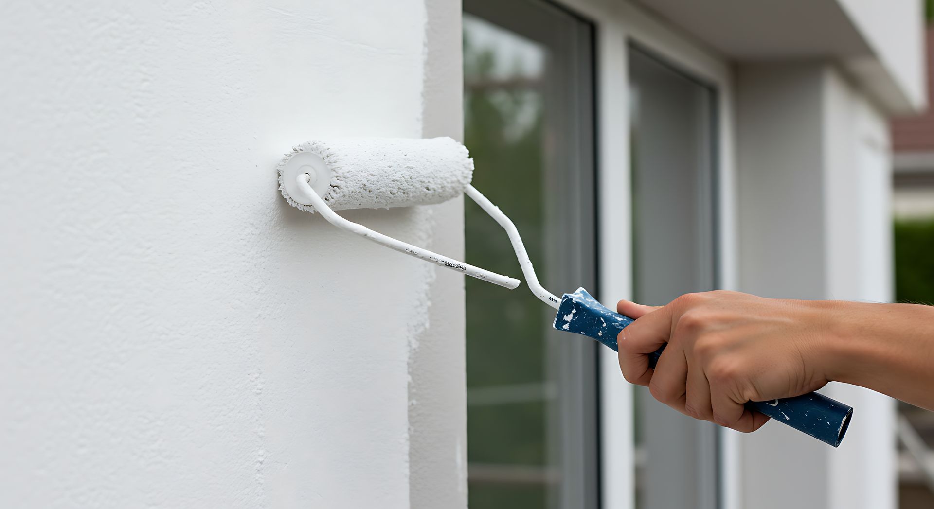 Application manuelle de peinture blanche au rouleau à peinture et manche bleu sur un mur extérieur.