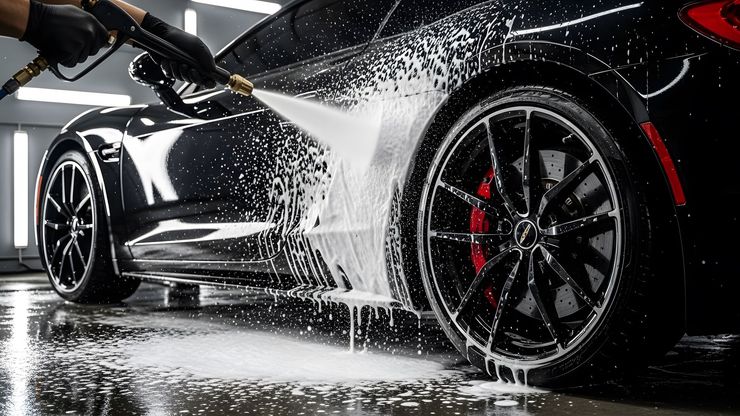 Une voiture de sport noire est lavée au jet d'eau à haute pression, l'eau giclant sur les côtés et les roues.