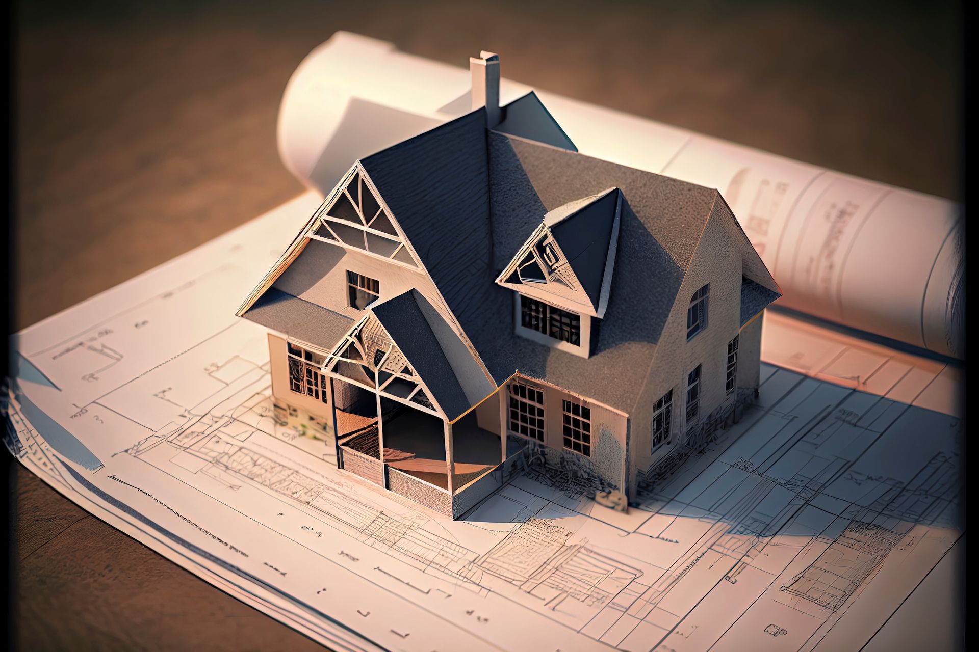 Maquette de maison miniature sur des plans architecturaux avec des plans enroulés en arrière-plan.