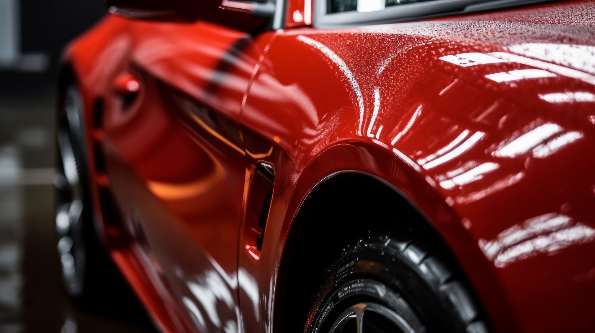 Gros plan sur la carrosserie et la roue d'une voiture de sport rouge brillant dans un garage, avec des reflets sur la peinture.