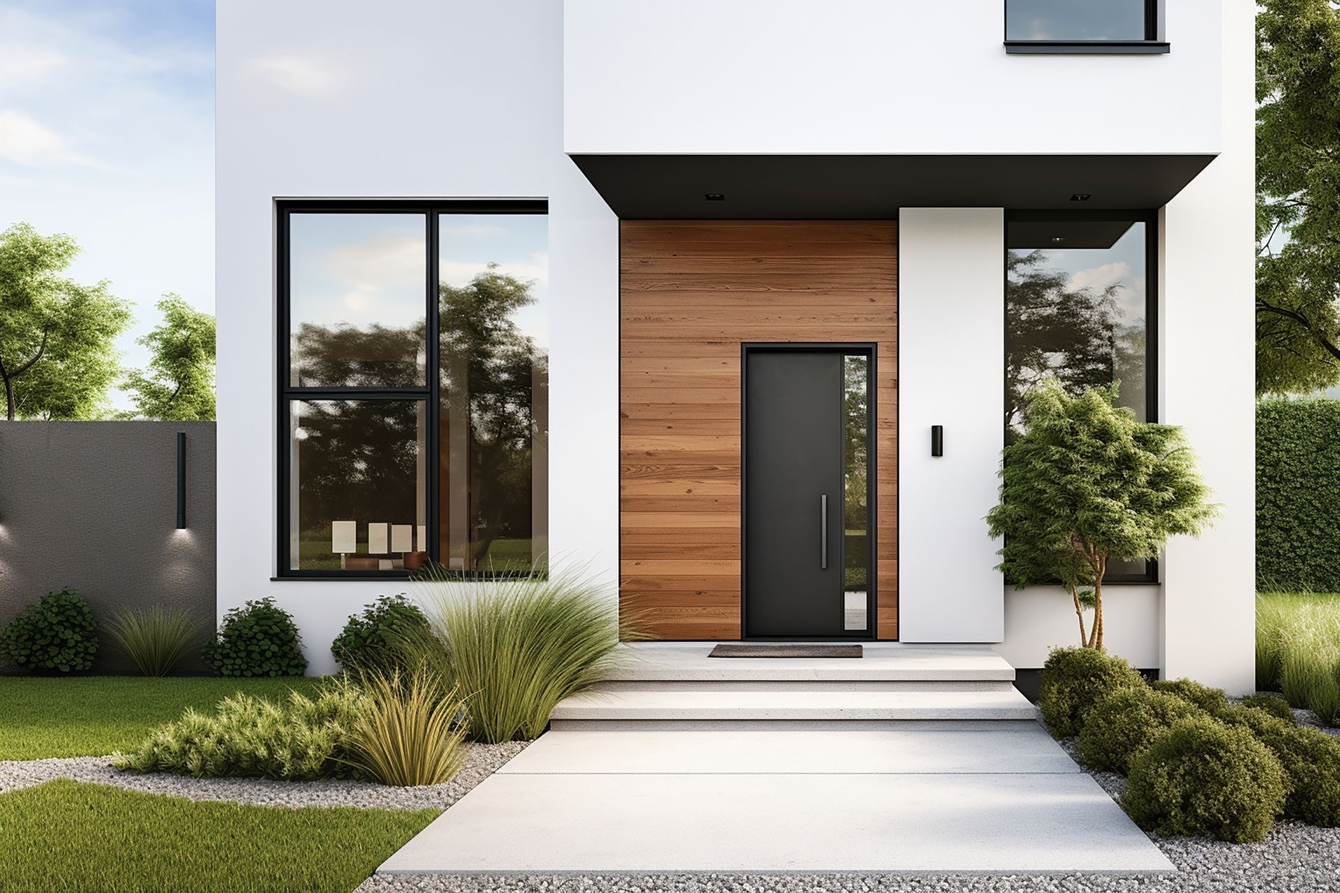 Entrée de maison moderne avec façade en bois et blanche, fenêtre en verre, marches d'entrée et arbustes paysagers.