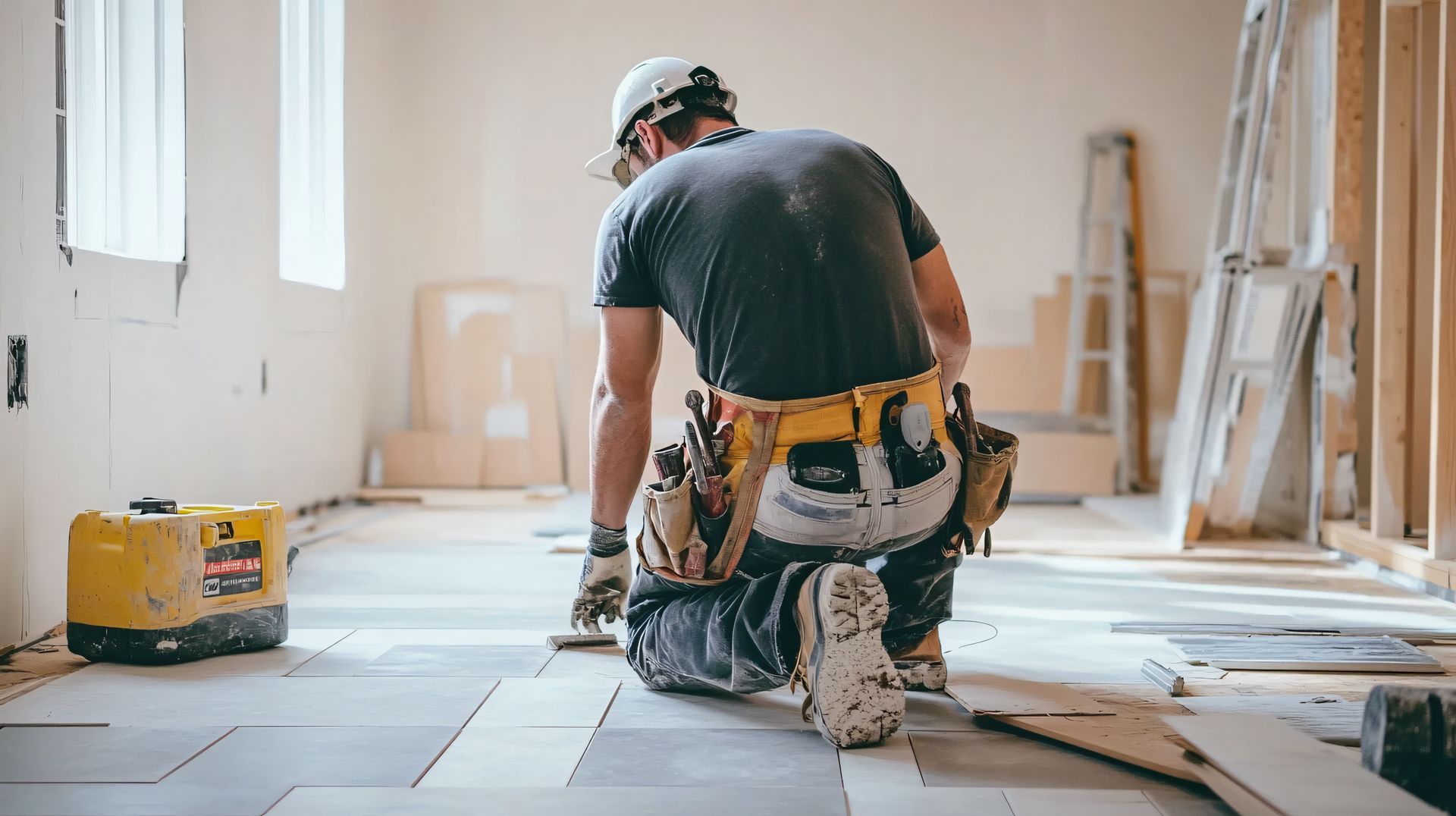Un ouvrier, agenouillé sur un sol en rénovation, pose un revêtement de sol dans une pièce lumineuse entourée d'outils et de planches.