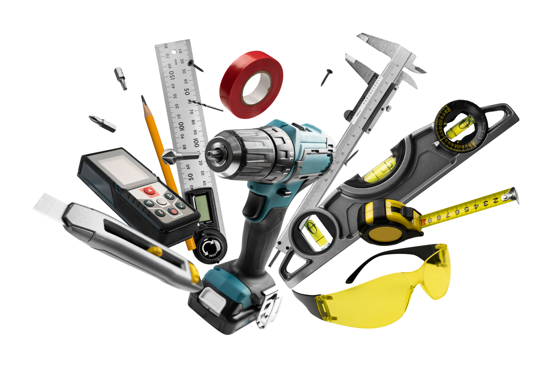 Outils de construction et équipements de sécurité divers : perceuse, mètre ruban, règle, lunettes de protection et gants.