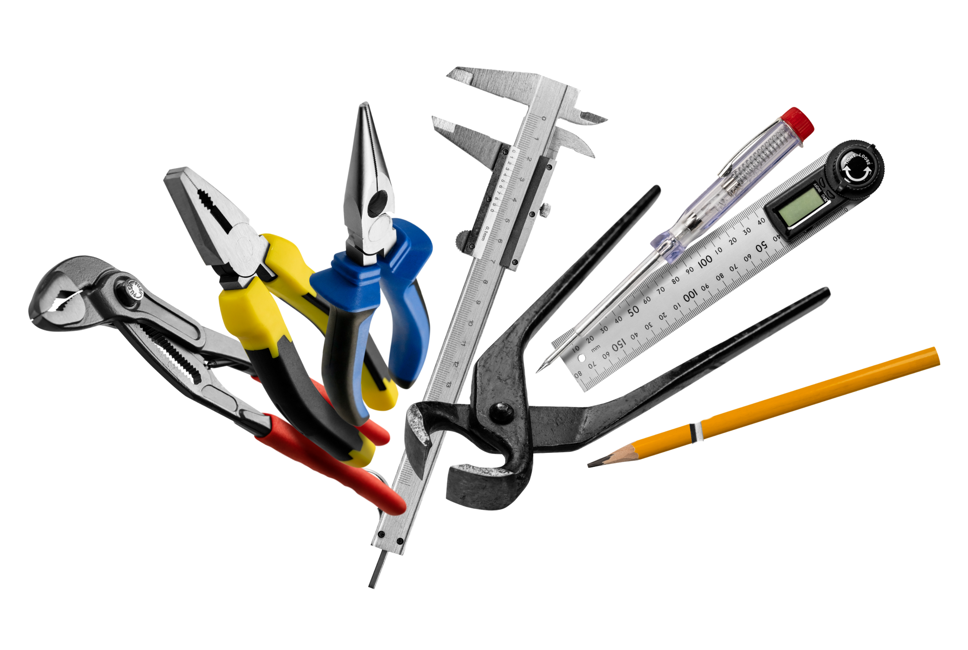 Outils à main assortis : une pince, une clé, une règle, un tournevis et un pied à coulisse.