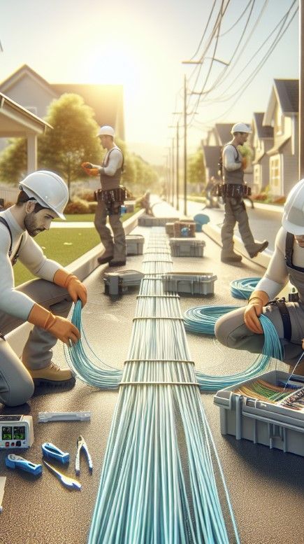 Técnicos de fibra óptica trabajando en una calle con casas al fondo, cables azules y equipos en la carretera.