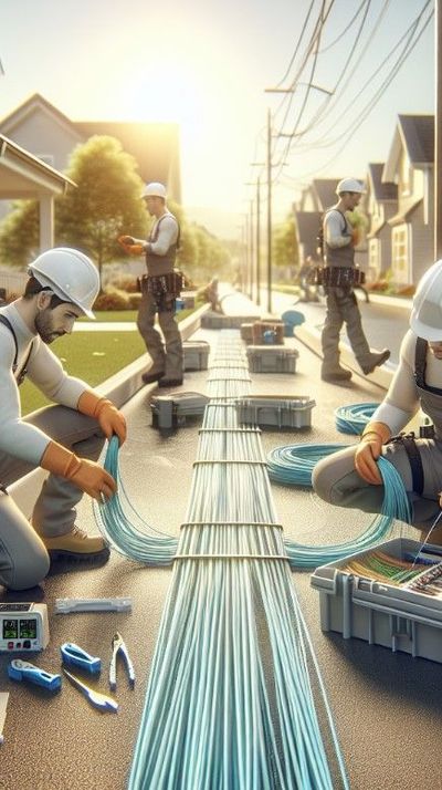 Técnicos de fibra óptica trabajando en una calle con casas al fondo, cables azules y equipos en la carretera.