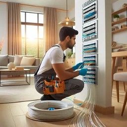 Electricista arrodillado junto a un panel eléctrico, trabajando en el cableado.