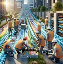 Trabajadores instalando cables de fibra óptica de colores en una calle de la ciudad. Edificios y equipos visibles.