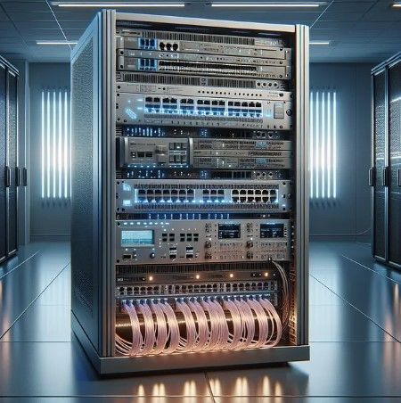 Rack de servidores en un centro de datos con varios dispositivos de red y un conjunto de cables de red.