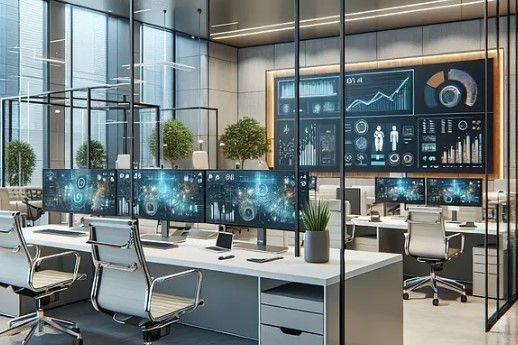 Oficina moderna con múltiples monitores de computadora que muestran datos y gráficos.