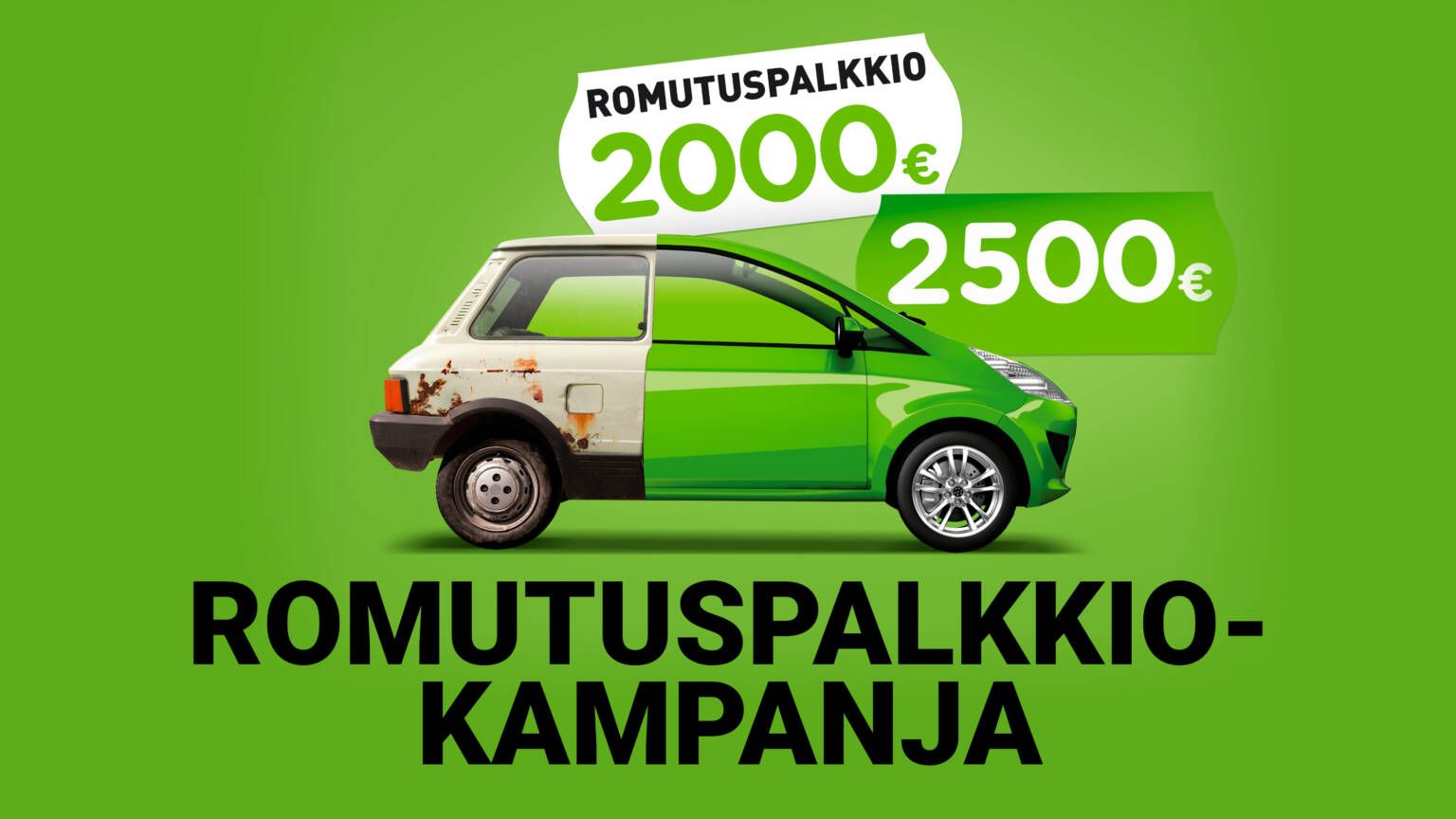 Vihreävalkoinen auto, jossa on teksti, jossa mainostetaan 
