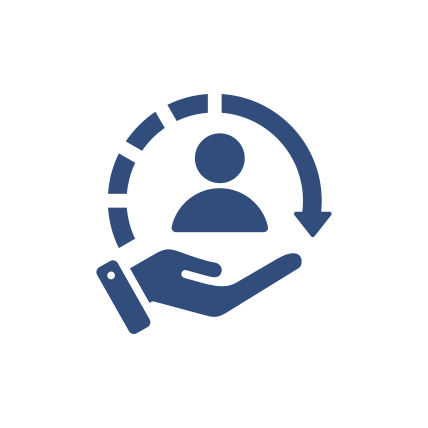 Eine Hand stützt eine Person mit einem kreisförmigen Pfeil, der Kundenservice und Support symbolisiert.