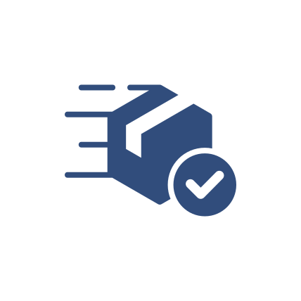 Blaue Verpackung mit Bewegungslinien und einem Häkchen, das eine abgeschlossene Lieferung anzeigt.