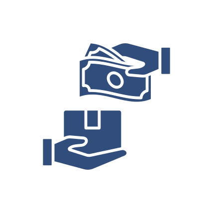 Eine Hand gibt Geld, eine Hand nimmt ein Paket entgegen – eine Illustration einer Transaktion.