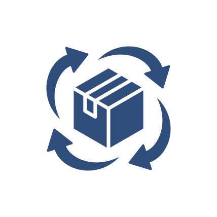 Blauer Kasten mit vier kreisförmigen Pfeilen, die Rückgabe oder Recycling symbolisieren.