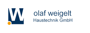 A blue and white logo for olaf weigelt haustechnik gmbh