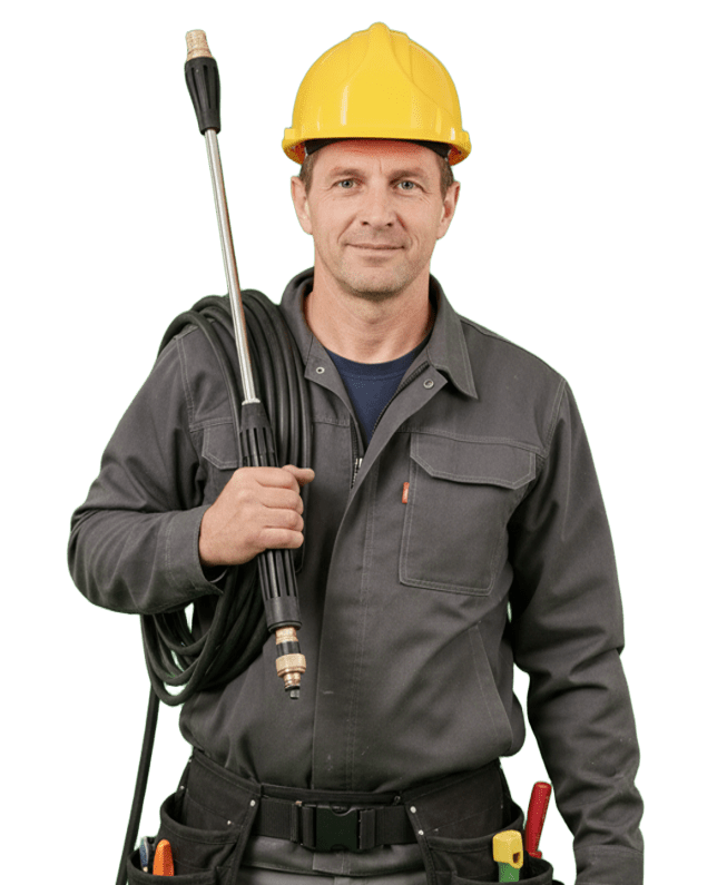 Un ouvrier portant un casque jaune tient une lance de nettoyeur haute pression. Il est vêtu de vêtements de travail gris.