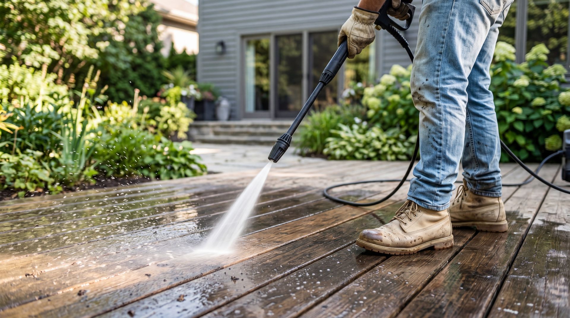 Personne nettoyant une terrasse en bois au nettoyeur à haute pression, près d’une maison et d’un jardin.