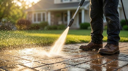 Une personne nettoie au nettoyeur à haute pression une allée en briques mouillée à côté d’une maison, tandis que le soleil fait scintiller les projections d’eau sur le sol