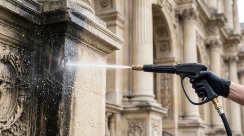 Nettoyage au jet à haute pression de la façade en pierre d’un bâtiment à l'aide d'une buse de pulvérisation
