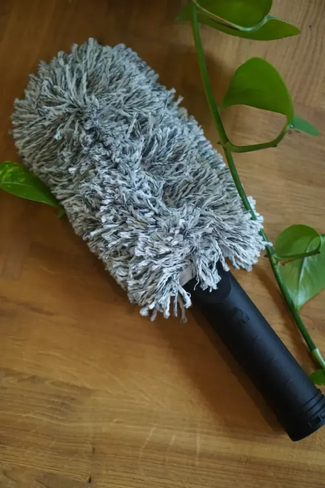 A brush with a black handle is sitting on a wooden table next to a plant.